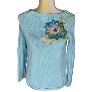 J Jill Baby Blue Boat Neck‎ Flower Embroidered Long Sleeve Sweater Size Small